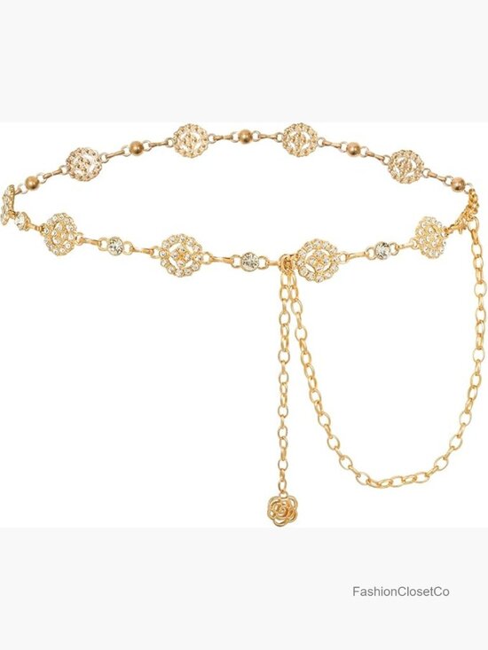 Rhinestone Gold Silver Chain Belt for Women - Adjustable 47 Inch Waist Belt